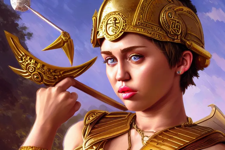 Image similar to miley cyrus as greek goddess athena, closeup, d & d, fantasy, intricate, elegant, highly detailed, digital painting, artstation, concept art, matte, sharp focus, illustration, hearthstone, art by artgerm and greg rutkowski and alphonse mucha