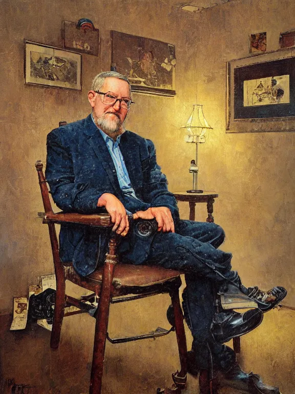 Prompt: portrait of orson scott card seated, in a style blend of norman rockwell and frederick remington and mort kunstler, oil painting, volumetric lighting, intricate details