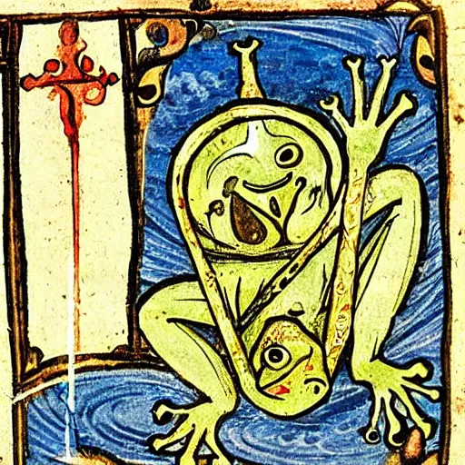 Image similar to A medieval illustration of a frog practicing alchemy, illuminated manuscript,