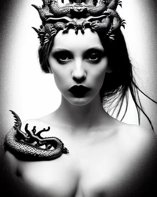 Prompt: a black and white high quality dreamy photo of a young beautiful female queen-dragon-vegetal-flower-cyborg bust with a very long neck, elegant, highly detailed, poetic, soft, dreamy, mysterious, high fashion, rim light, in the style of Ellen von Unwerth, Realistic, Refined, Digital Art, Highly Detailed, Cinematic Lighting, rim light, black and white, photo-realistic, 8K