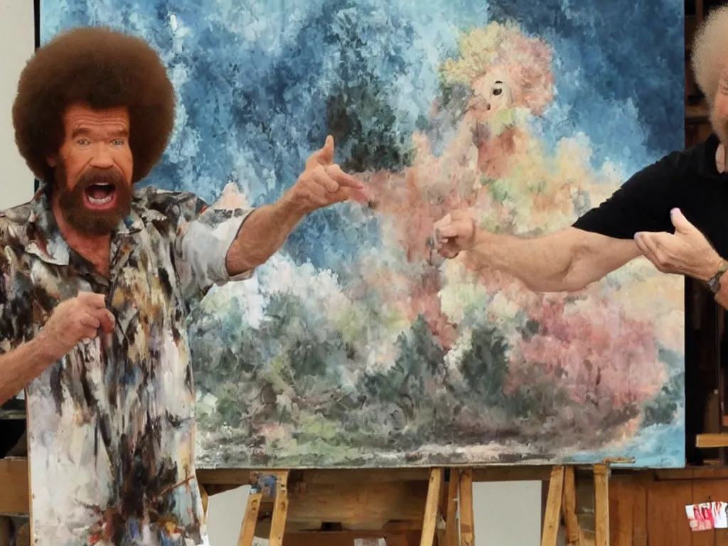 Prompt: bob ross is sad and sngry and yelling at a huge painting by bob ross