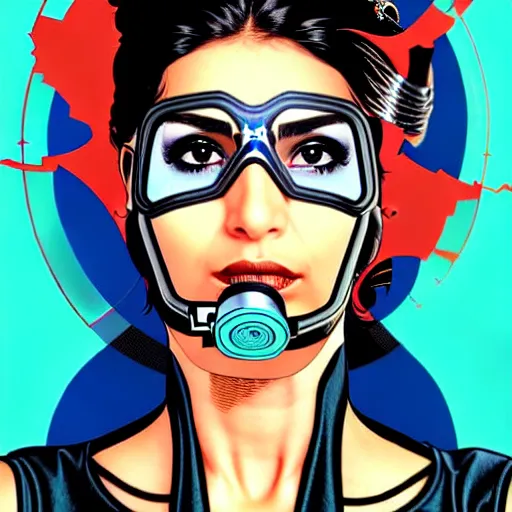 Image similar to a profile photo of a pakistani woman with a diving oxygen mask with side profile blood in ocean intricate details by MARVEL comics and Sandra Chevrier-C