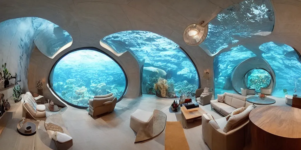 Image similar to home interior that is an underwater dome