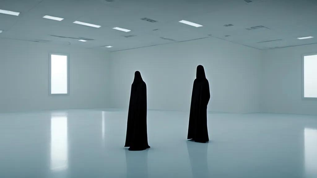 Image similar to grim reaper in a white empty room, film still from the movie directed by Denis Villeneuve with art direction by Salvador Dalí, wide lens