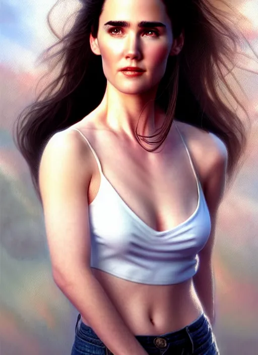 Image similar to a gorgeous young jennifer connelly with long soft hair in the style of stefan kostic, realistic, full body shot, wide angle, sharp focus, 8 k high definition, insanely detailed, intricate, elegant, art by stanley lau and artgerm, floating embers