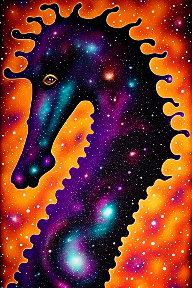 Prompt: a close up portrait of a purple ornate seahorse head statue, orange eyes, black paper, galaxy, nebula, billions of details, beautiful intricate painting by kokaris