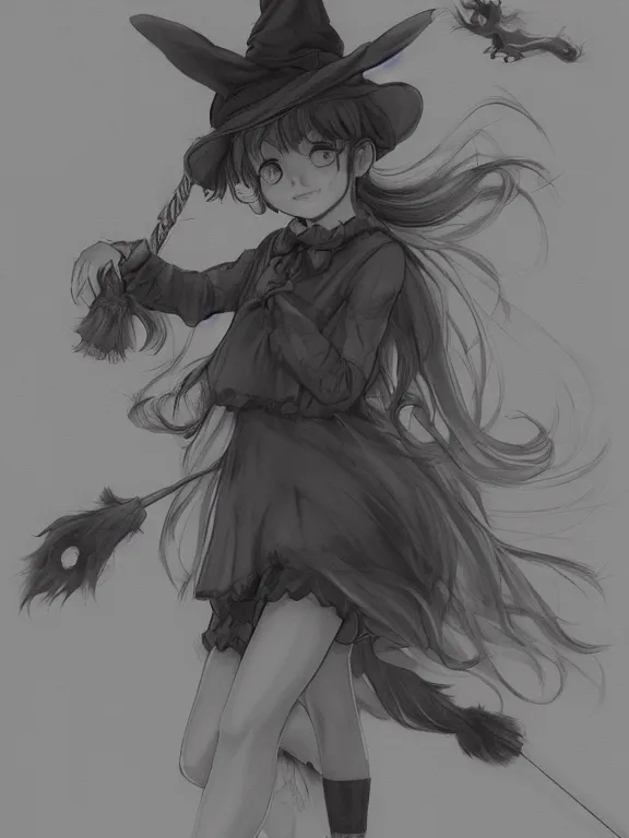 Image similar to Full shot sketch of a cute mischievous young witch about to get up to some trouble. By Range Murata and WLOP and CLAMP and Loish. Lineart only. award winning, Artstation, intricate details, Hyperdetailed, 8k resolution.