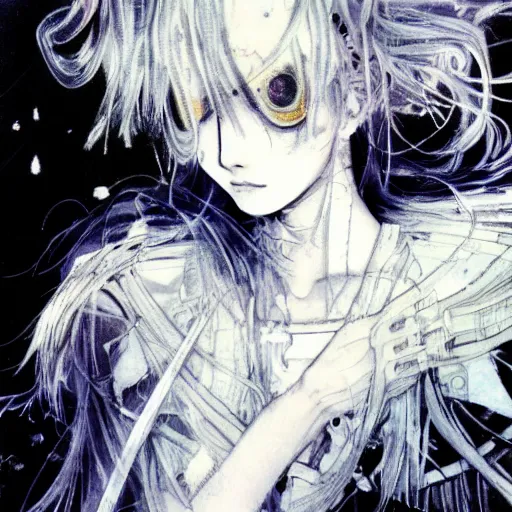 Image similar to Yoshitaka Amano blurred and dreamy illustration of an anime girl with a pirate eye patch, wavy white hair and cracks on her face wearing elden ring armour with the cape fluttering in the wind, abstract black and white patterns on the background, noisy film grain effect, highly detailed, Renaissance oil painting, weird portrait angle