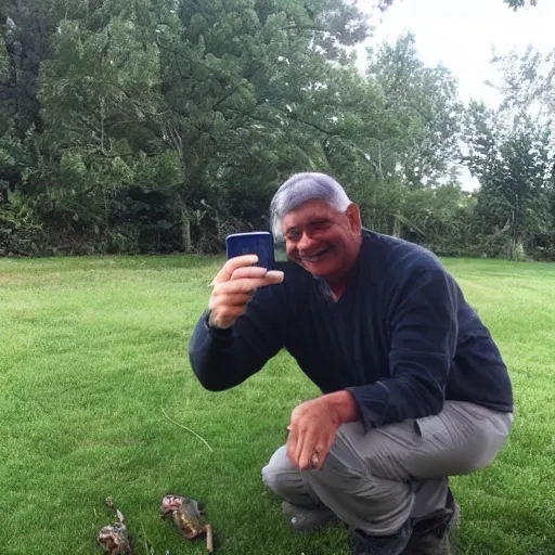 Prompt: my dad taking a selfie with the frog he caught in the backyard this morning. the frog is in his hand
