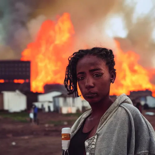 Prompt: photographic portrait of a poor streetwear woman in distress, a futuristic shanty town burns in the background, closeup, sigma 85mm f/1.4, 4k, depth of field, high resolution, 4k, 8k, hd, full color