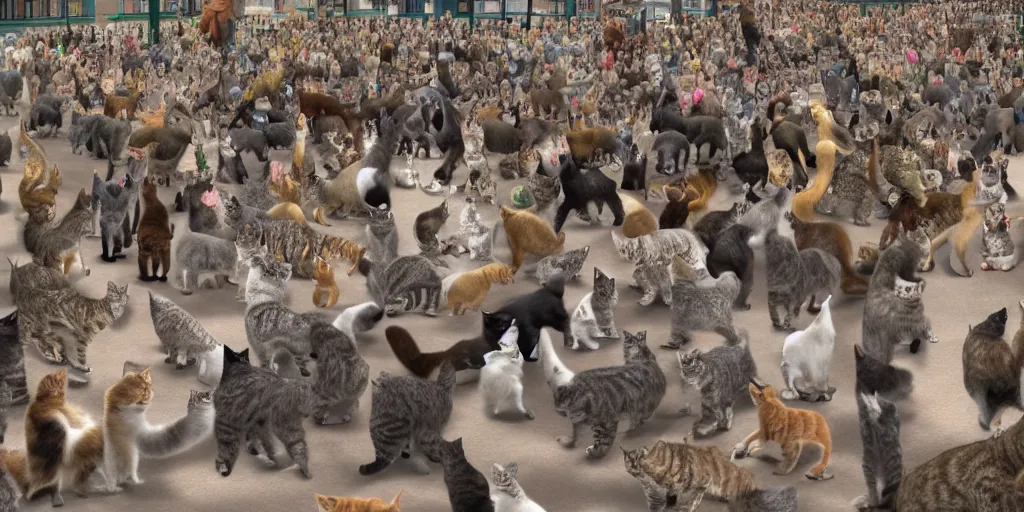 Image similar to a crowd of cats protesting in a busy street, 3d detailed, digital art