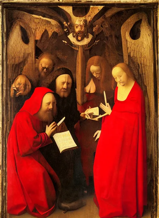 Image similar to fallen angels dressed in red reading the bible and arguing in Tuscany by Jan van Eyck, Hieronymus Bosch, Johannes Vermeer 4k post-processing, highly detailed medieval painting