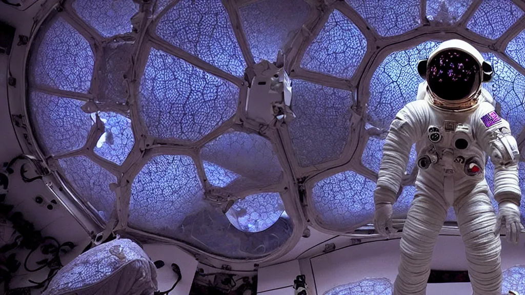 Image similar to a single astronaut eva suit made of diamond 3d fractal lace iridescent bubble 3d skin and covered with insectoid compound eye camera lenses floats through the living room, film still from the movie directed by Denis Villeneuve with art direction by Salvador Dalí, wide lens,