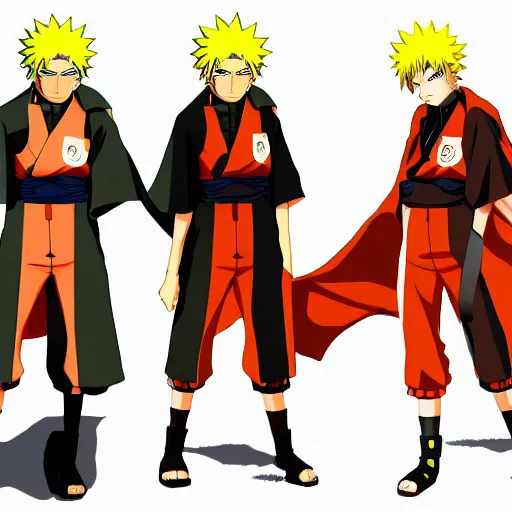 Image similar to Fusion of Naruto Uzumaki from the anime Naruto and Dante from the game Devil May Cry in the style of Araki Hirohiko, character design sheet