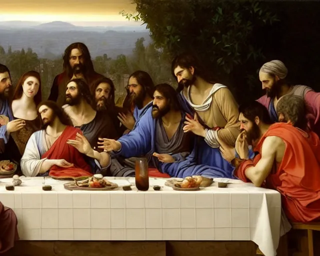 Prompt: beautiful glorious realistic oil painting of the last supper, baroque style in the style of bouguereau, highly detailed and photorealistic, 8 k high detail and intricate