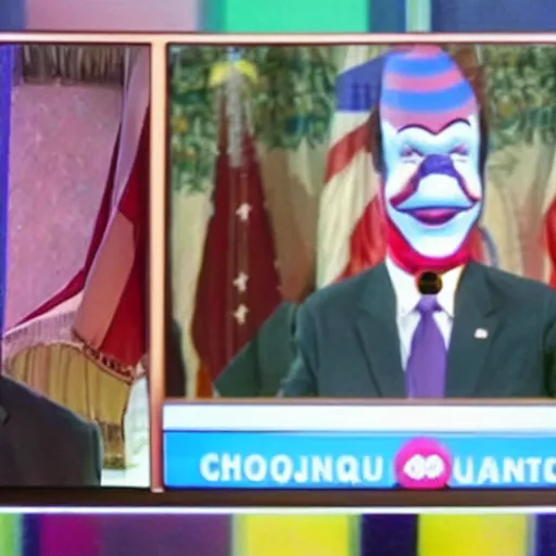 Image similar to photo of a television with a president with clown face giving a speech