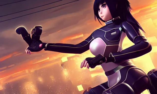 Prompt: young female character in a plugsuit inspired by ling xiaoiy from tekken and alita, digital art made by makoto shinkai and wlop, anatomically correct, extremely coherent, battle pose, hd, symmetrical, perfect composition, synth laboratory background, highly detailed