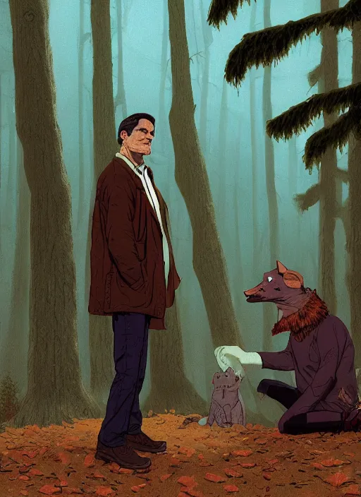 Prompt: Portrait of Michael Shannon discovering a man dressed as a Furry in the woods, Twin Peaks poster artwork by Michael Whelan, Bob Larkin and Tomer Hanuka, from scene from Twin Peaks, simple illustration, domestic, nostalgic, clean, full of details, by Makoto Shinkai and thomas kinkade, Matte painting, trending on artstation and unreal engine