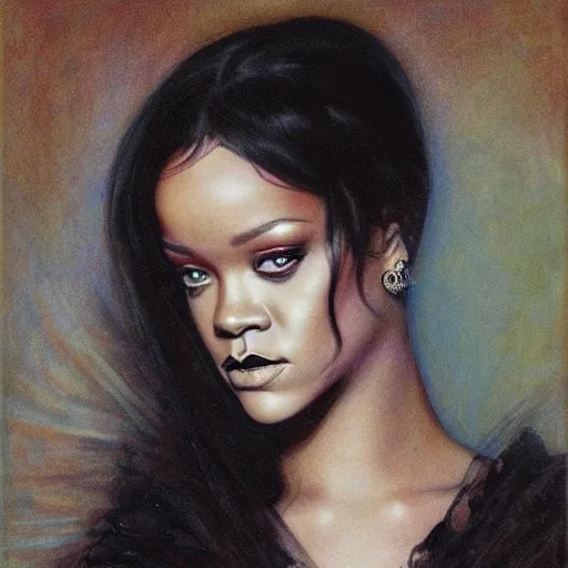 Prompt: a portrait of rihanna by edward robert hughes