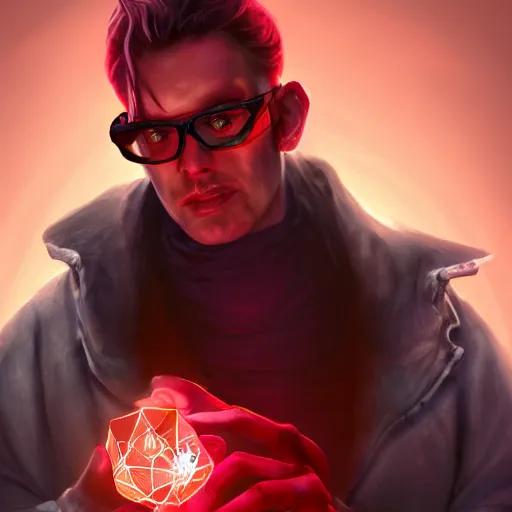 Prompt: a cyberpunk mad scientist holding a glowing-red crystal, D&D, fantasy, elegant, hopeful, muscular, highly detailed, digital painting, artstation, concept art, smooth, sharp focus, illustration