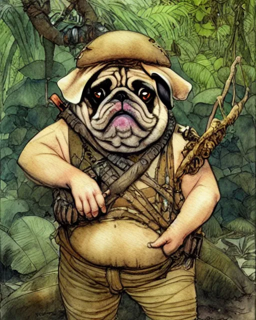 Prompt: a realistic and atmospheric watercolour fantasy character concept art portrait of a fat adorable chibi pug soldier in the jungle, by rebecca guay, michael kaluta, charles vess and jean moebius giraud