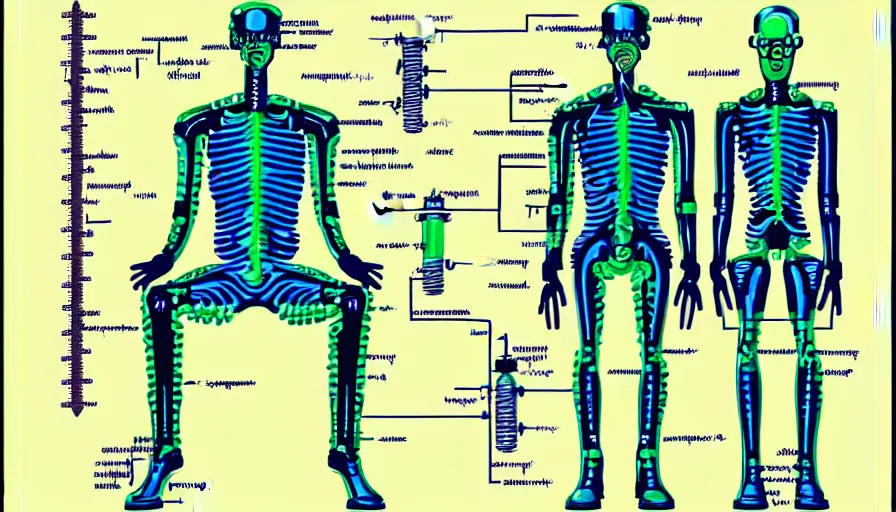 Image similar to technical diagram blueprint of anthropomorphic anatomical sip technician, cyborg cowboy technical diagram, anthropomorphic nootropic commission system, humanoid cowboy snake man machine blueprint, performance enhanced salesman anatomy, snake oil sip tech technical blueprint plan with subtle purple green iridescent sheen