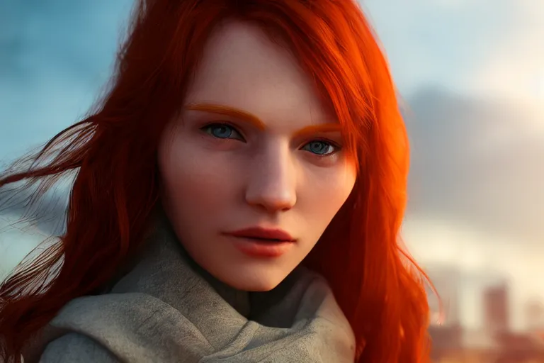 Prompt: hyperrealistic portrait of stunningly beautiful redhead nordic girl, lit by dawn light, busy city on background, trending on artstation,ultrawide angle, f8 , polarizer , unreal engine