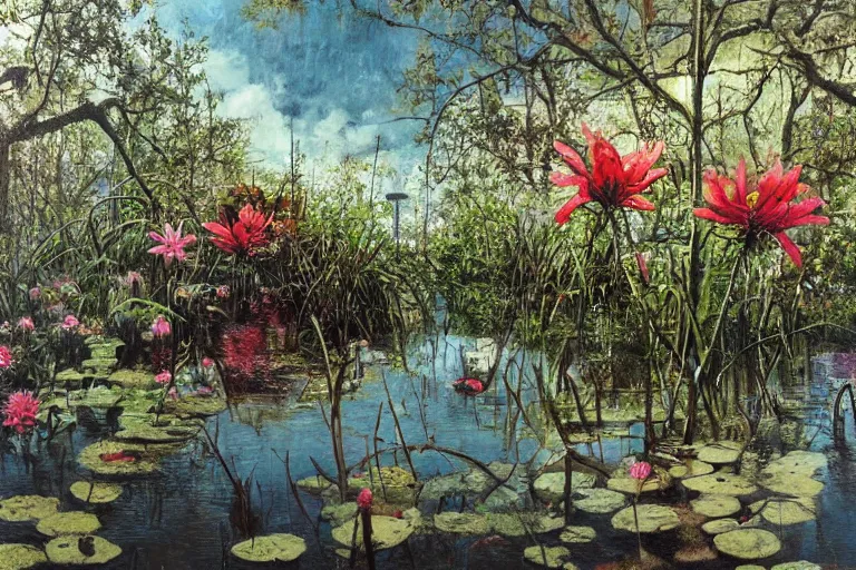 Image similar to hyperrealism oil painting, scene from louisiana swamps, spaceship sank, spring blooming flowers garden, true detective, 8 0 s japanese sci - fi books art