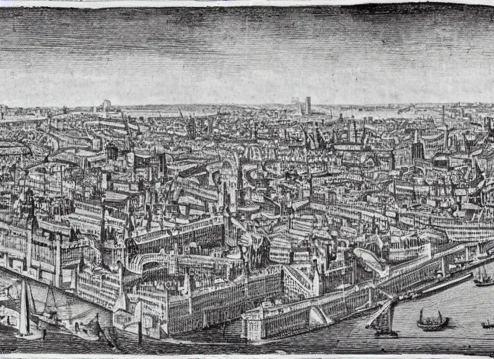 Prompt: detail from Hollar’s Panoramic view of London, 1347