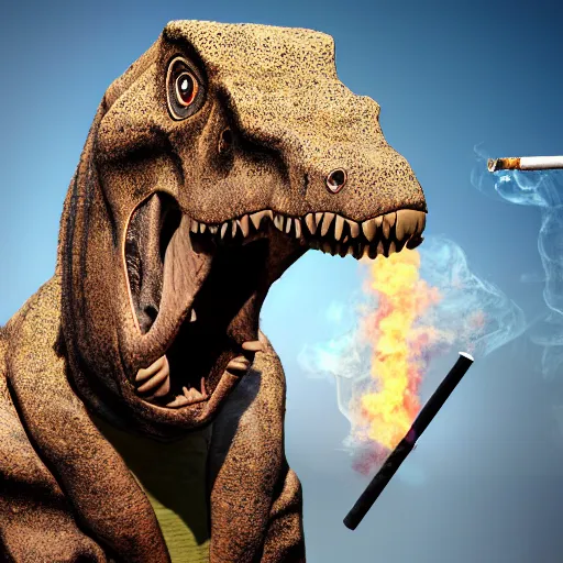 Image similar to a realistic photo of a dinosaur standing on two legs smoking a cigarette in their mouth hdr professional shot, full body