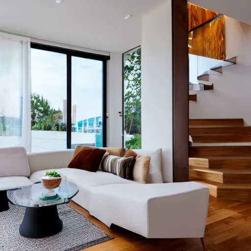 Prompt: A modern living room with a beautiful white marble table between 2 white sofas ,floor to ceiling glass window on the left, wooden stairs to the second floor on the right, 8k resolution, professional interior design photograph