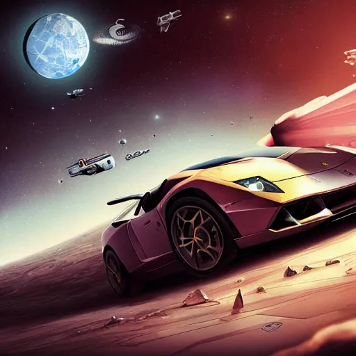 Image similar to harry potter driving a lamborghini in a space station on mars, highly detailed, digital art, trending on artstation