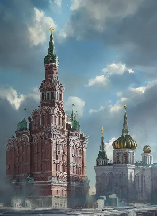 Prompt: dom pravitelstva rossiyskoi federatsii in moscow flying an ukrainian flag, a realistic digital painting by greg rutkowski and james gurney, trending on artstation, highly detailed