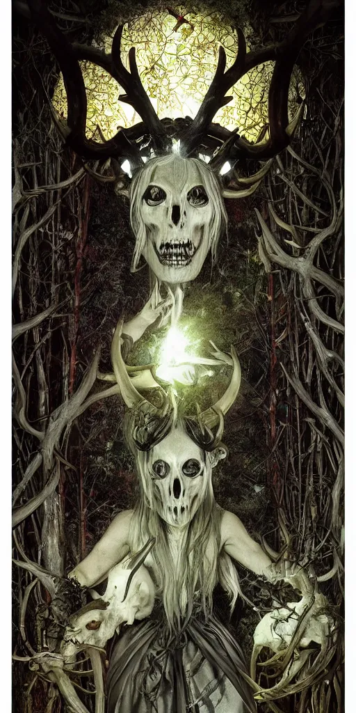 Image similar to intense glowing black metal pagan god with antlers and fangs and intense glowing eyes with a goat skull in very dark forest by mark ryden and alphonse mucha, portrait, fantasy, clear, light beams, lens flare, intense, uhd, amazing depth, cinematic lighting