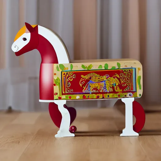 Prompt: the trojan horse as rocking horse, toy for toddlers