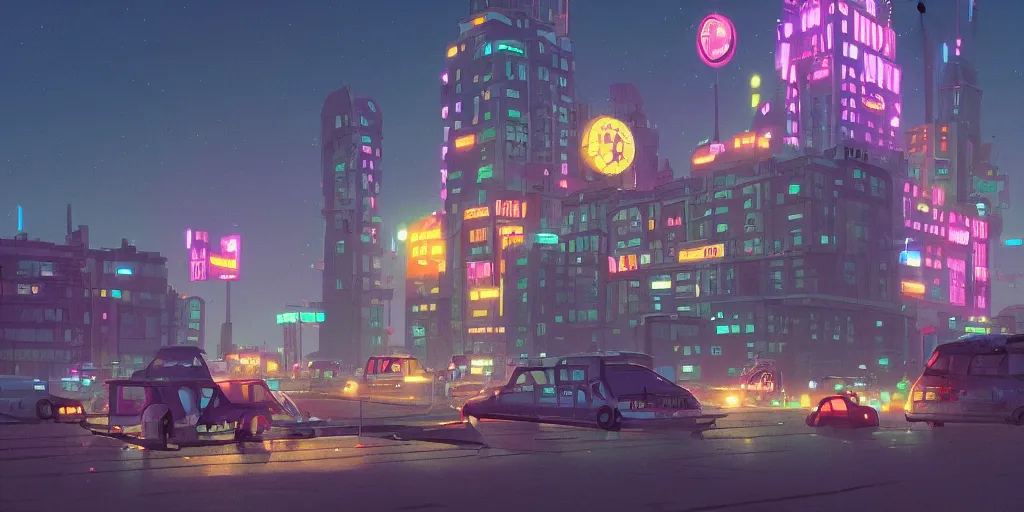 Image similar to city, building, cars, neon lights, night time, park, people, happy town, by Goro Fujita and Simon Stalenhag , 8k, trending on artstation, hyper detailed, cinematic