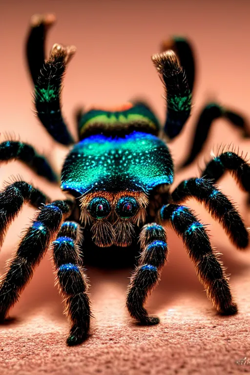 Image similar to high quality macro photo rococo iridescent tarantula! jewelled gorgeous! highly detailed david ligare elson peter cinematic blue neon lighting high quality low angle hd 8k sharp shallow depth of field