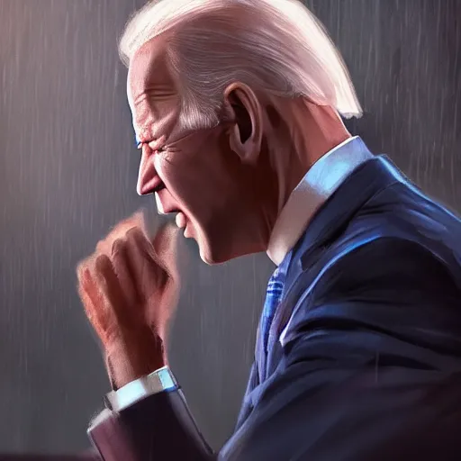 Prompt: joe biden crying, dramatic lighting, cinematic, establishing shot, extremly high detail, photorealistic, cinematic lighting, artstation, style by James Gurney