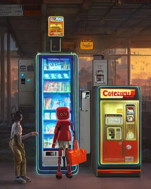 Prompt: humanoid robot buying cigarettes from a vending machine in a robust fantasy village, calming, uplifting mood, ultra realistic, factory, funny, small buildings, highly detailed, epic lighting, illuminated, cinematic, morning, art by eddie mendoza and simon stalenhag