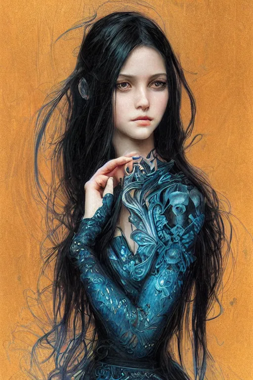 Image similar to portrait of teenage girl with long glossy black hair, blue eyes, glowing skin, fashion model features, fantasy, intricate, elegant, black dress, highly detailed, digital painting, artstation, concept art, smooth, sharp focus, illustration, art by Krenz Cushart and Artem Demura and alphonse mucha