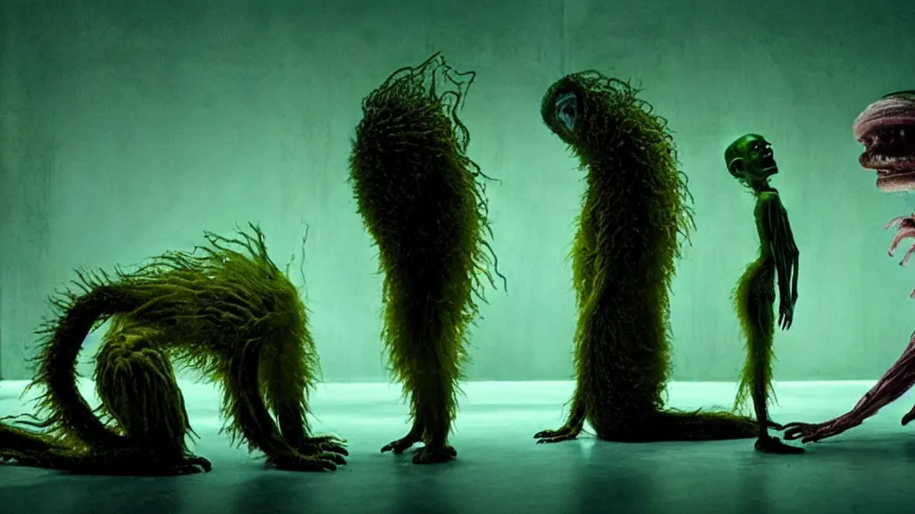Image similar to the strange creature, made of glowing oil, they suffer from katagelophobia, film still from the movie directed by denis villeneuve and david cronenberg with art direction by salvador dali and dr. seuss