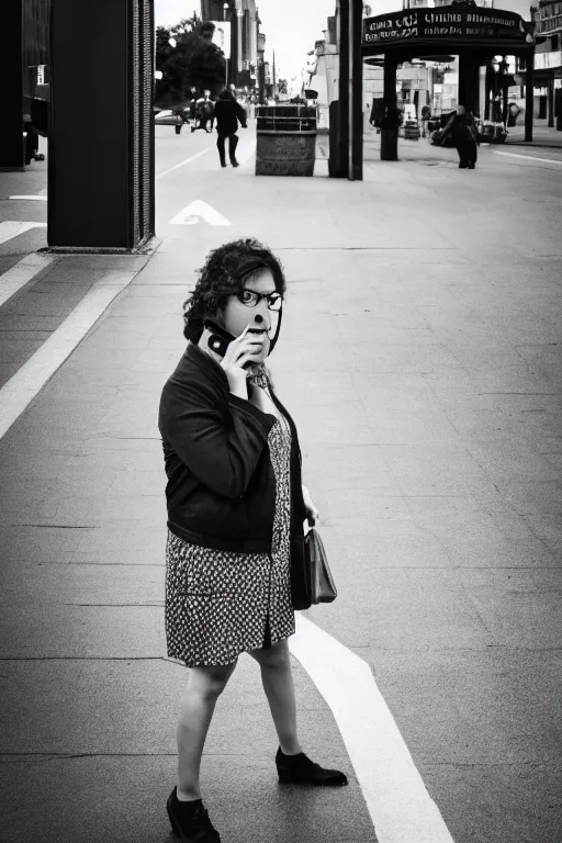 Prompt: beautiful woman, beautiful face of a woman, standing at a bus stop in the early morning, calling on the phone, around the city, the road, 3 5 mm photography, highly detailed, cinematic lighting, 4 k