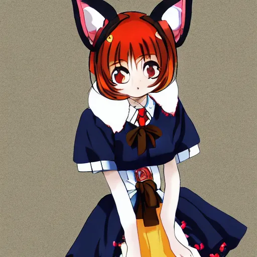 Image similar to japanese anime highschool girl named kemomimi-chan with fox ears and tail, blond hair and fur, collar bell, amber green sailor uniform and red miniskirt, art, digital art trending on pixiv rankings