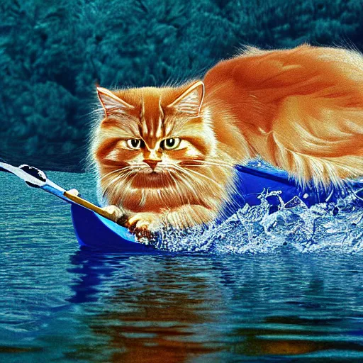 Image similar to Detailed Siberian cat kayaking in river, digital art