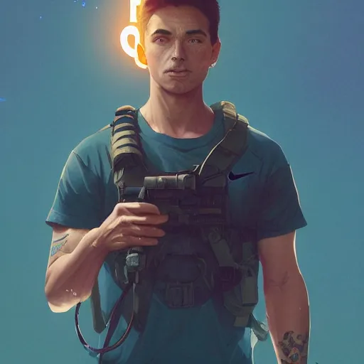 Image similar to a navy seal wearing clothes designed by nike, large nike logo, by greg rutkowski, loish, rhads, ferdinand knab, makoto shinkai and lois van baarle, ilya kuvshinov, rossdraws, tom bagshaw, alphonse mucha, global illumination, radiant light, detailed and intricate environment