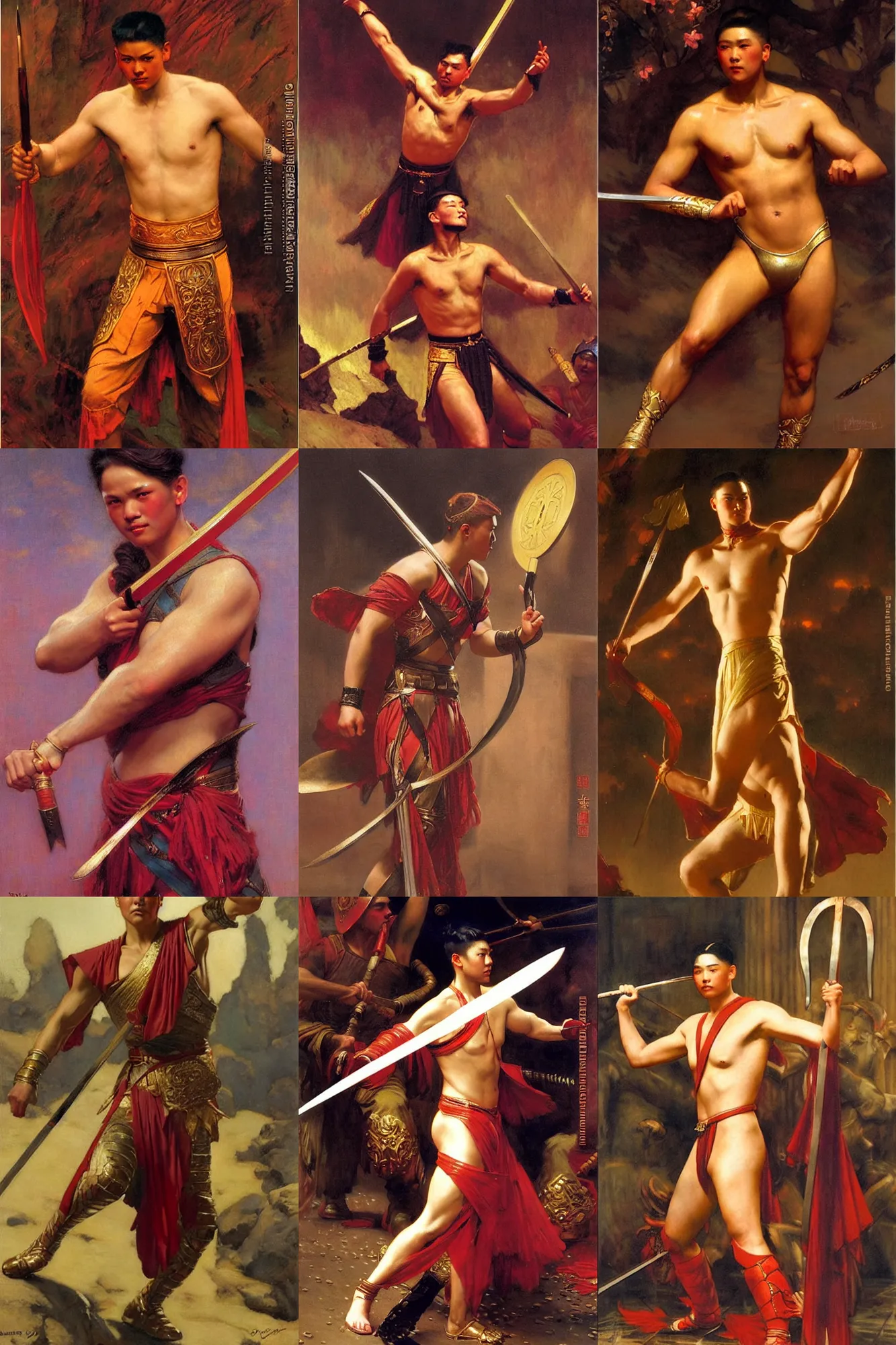 Prompt: wuxia male gladiator, painting by delphin enjolras, j. c. leyendecker
