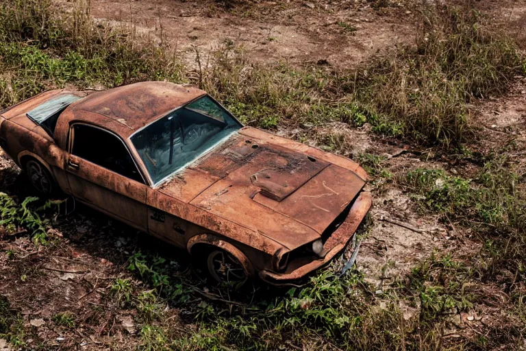 Image similar to A rusty old mustang in an abandoned big factory, sun lighting from above, taken with a Leica camera, overgrown foliage, ambient lighting, bokeh, sunset time, highly detailed art