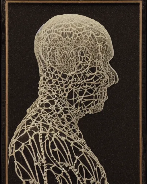Image similar to a man's face in profile, made of intricate lace skeleton, in the style of the dutch masters and gregory crewdson, dark and moody