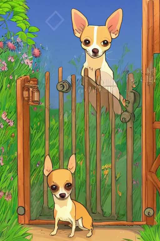 Image similar to A chihuahua looks through her garden gate, cel shaded cartoon in the style of studio Ghibli, sunny morning, cinematic lighting, summer