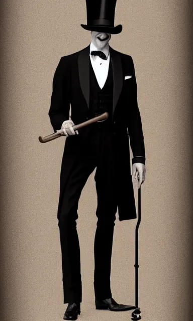 Prompt: ultra realistic photorealistic sepia portrait of a 1 9 2 0 s era smiling, magician, a tall, thin man, well dressed, slicked - back black hair, long - tailed tuxedo coat, black bow tie, walking stick and top hat, trending on artstation, illustration, digital painting, highly detailed render